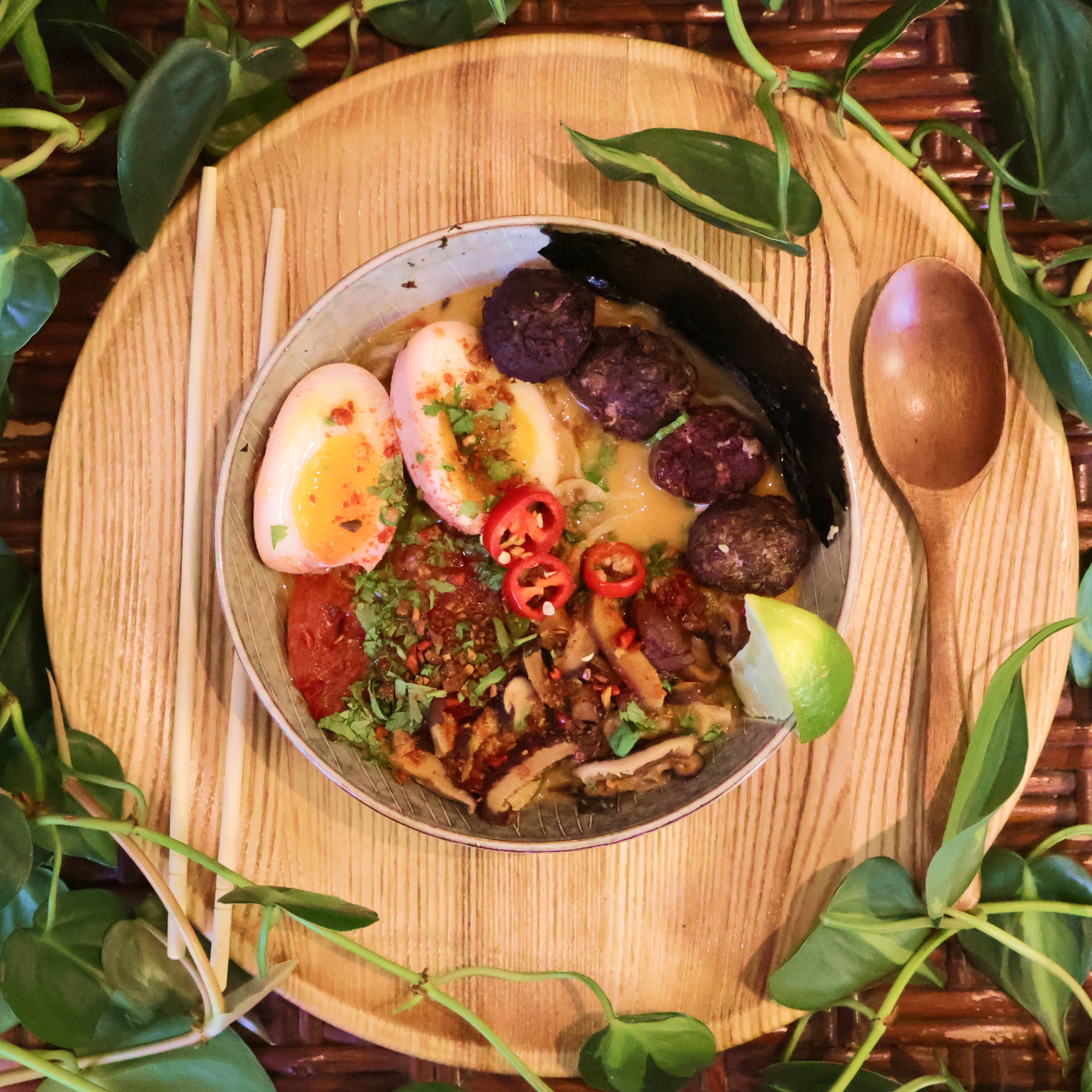 Tom Yum Ramen with meatballs